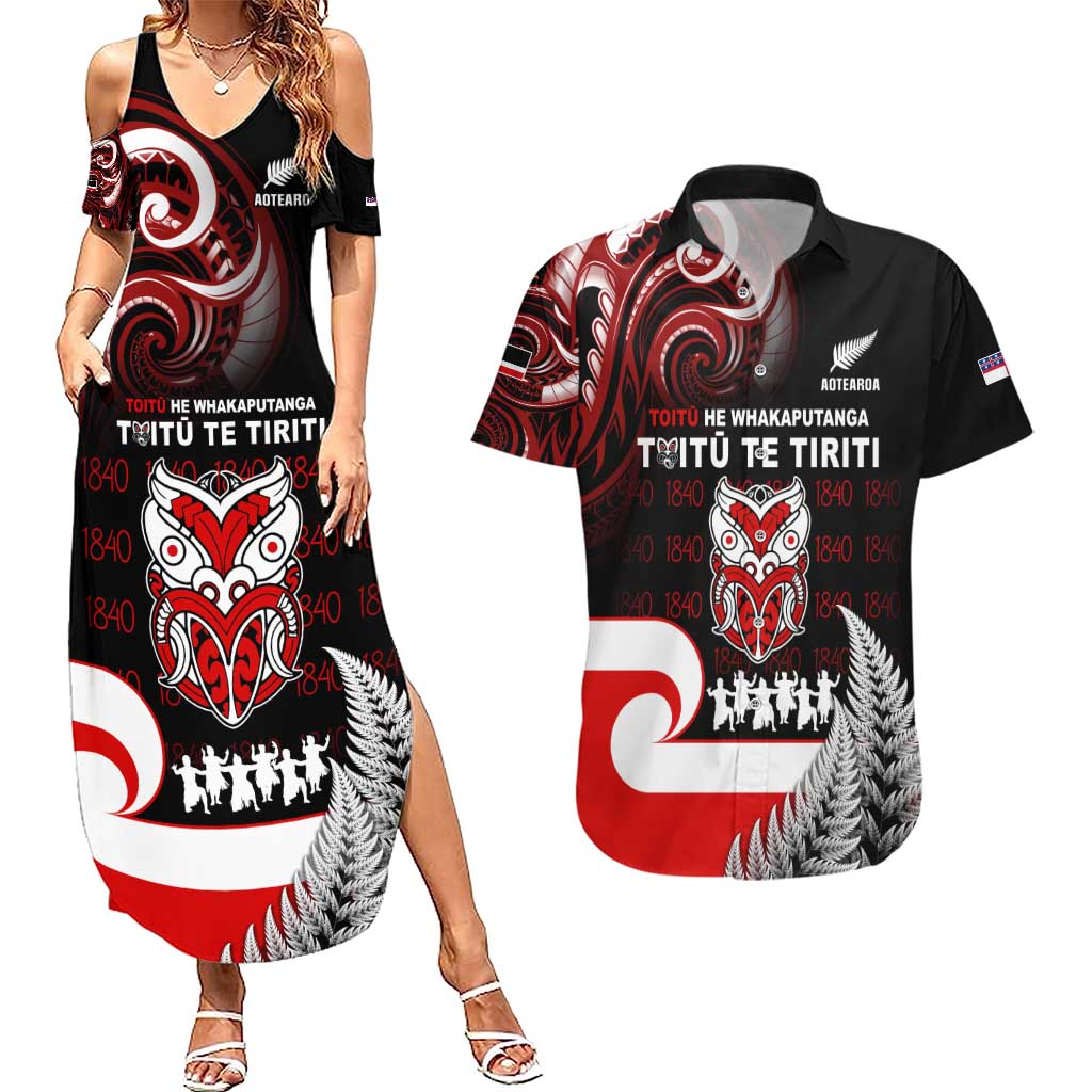 Aotearoa Toitu He Whakaputanga Couples Matching Summer Maxi Dress and Hawaiian Shirt Toitu Te Tiriti O Waitangi LT05 Black - Polynesian Pride