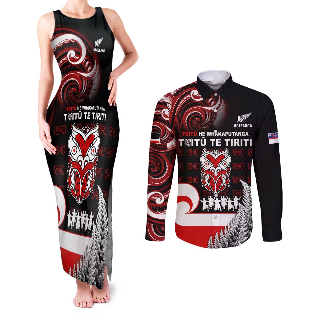 Aotearoa Toitu He Whakaputanga Couples Matching Tank Maxi Dress and Long Sleeve Button Shirt Toitu Te Tiriti O Waitangi LT05 Black - Polynesian Pride