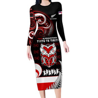 Aotearoa Toitu He Whakaputanga Family Matching Long Sleeve Bodycon Dress and Hawaiian Shirt Toitu Te Tiriti O Waitangi LT05 Mom's Dress Black - Polynesian Pride