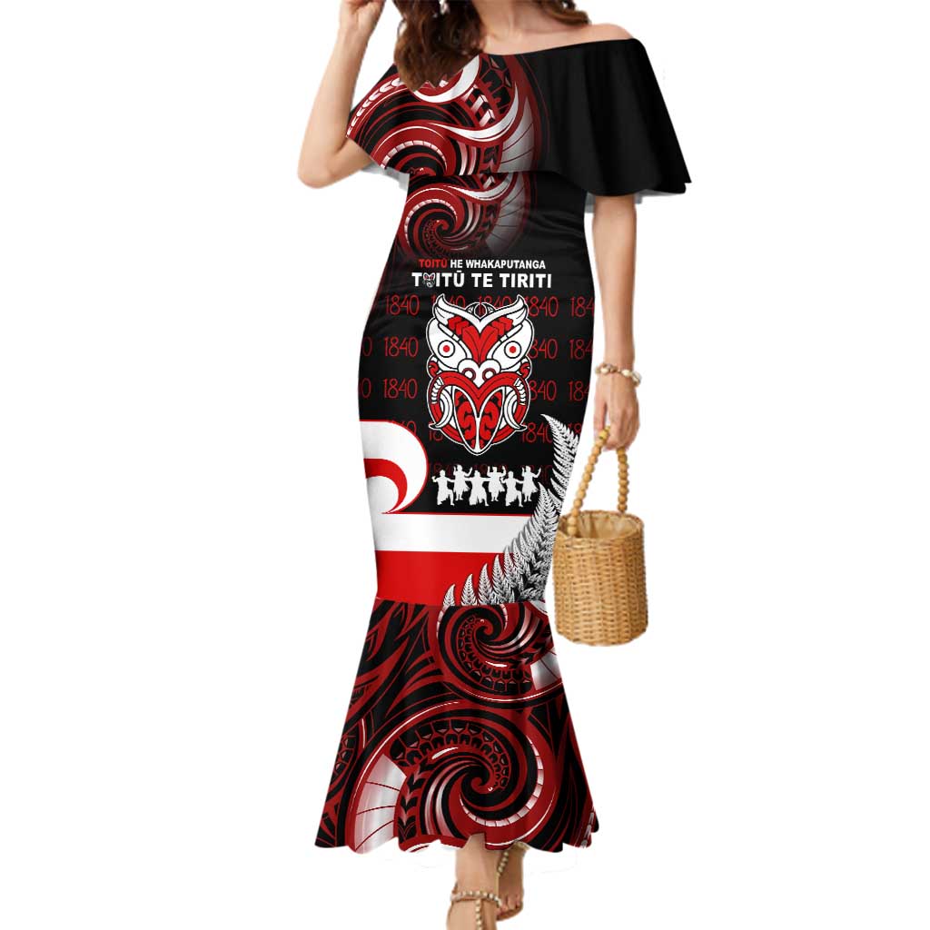 Aotearoa Toitu He Whakaputanga Family Matching Mermaid Dress and Hawaiian Shirt Toitu Te Tiriti O Waitangi LT05 Mom's Dress Black - Polynesian Pride