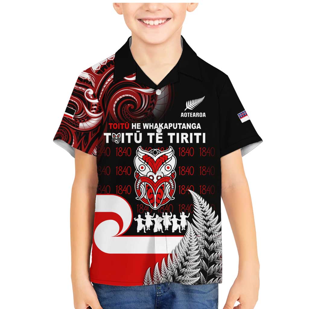 Aotearoa Toitu He Whakaputanga Family Matching Mermaid Dress and Hawaiian Shirt Toitu Te Tiriti O Waitangi LT05 Son's Shirt Black - Polynesian Pride
