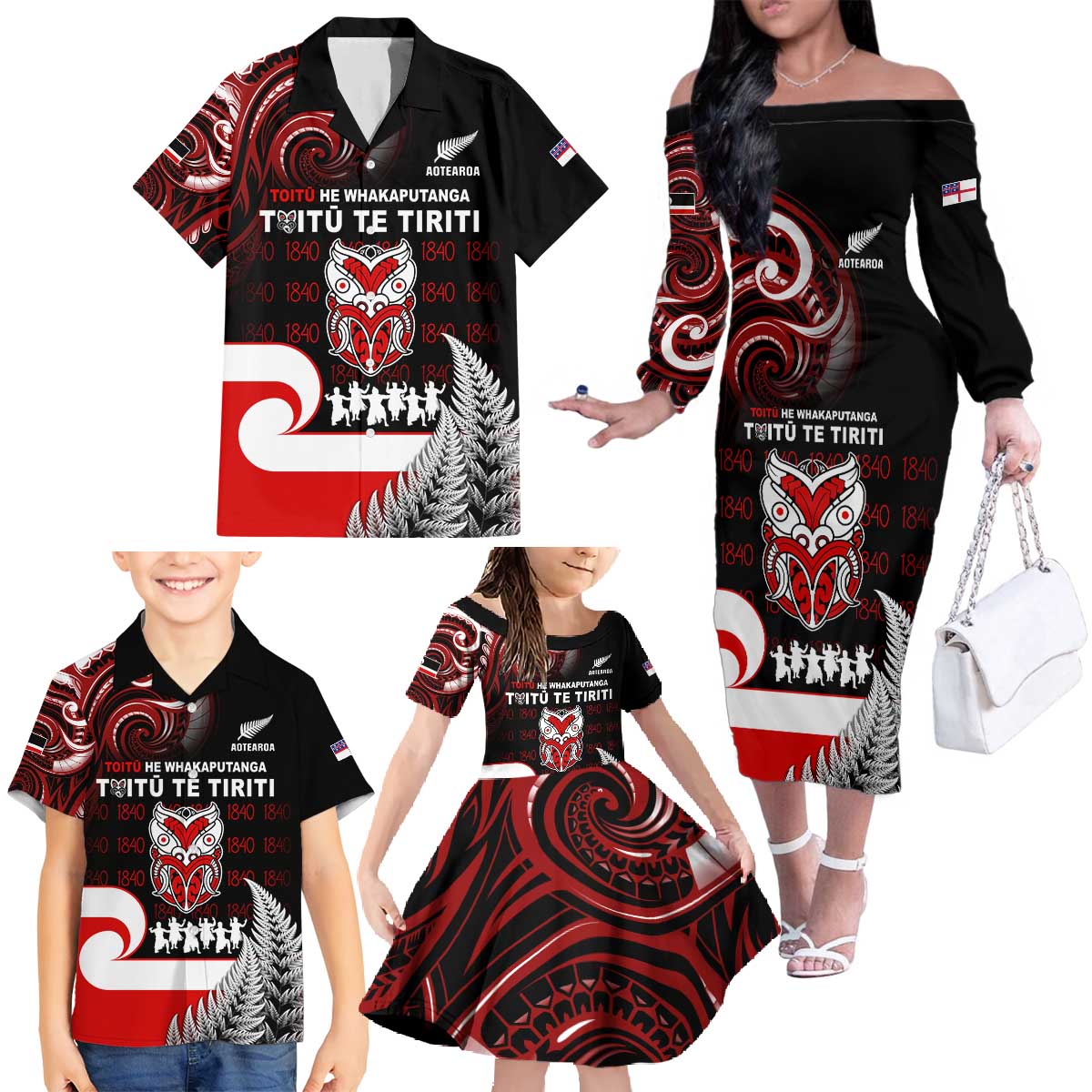 Aotearoa Toitu He Whakaputanga Family Matching Off The Shoulder Long Sleeve Dress and Hawaiian Shirt Toitu Te Tiriti O Waitangi LT05 - Polynesian Pride