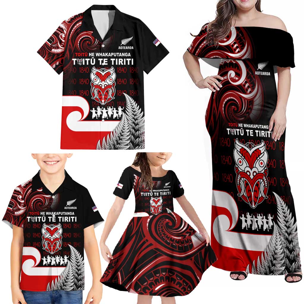 Aotearoa Toitu He Whakaputanga Family Matching Off Shoulder Maxi Dress and Hawaiian Shirt Toitu Te Tiriti O Waitangi LT05 - Polynesian Pride