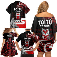 Aotearoa Toitu He Whakaputanga Family Matching Off Shoulder Short Dress and Hawaiian Shirt Toitu Te Tiriti O Waitangi LT05 - Polynesian Pride