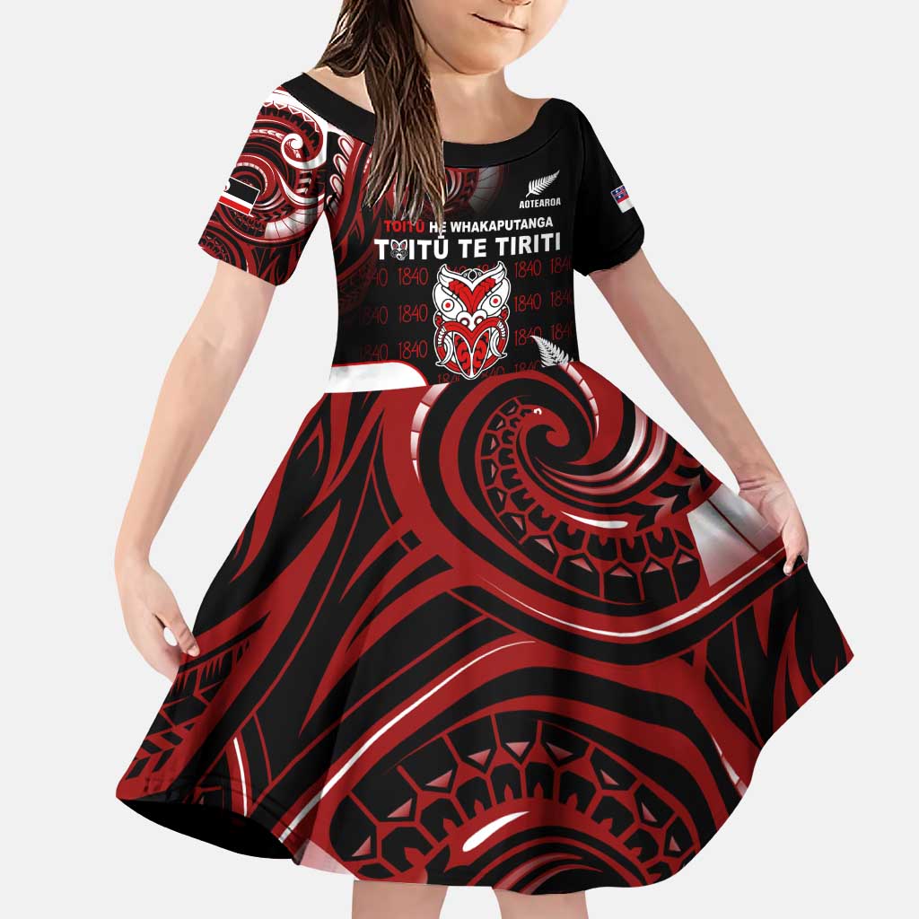 Aotearoa Toitu He Whakaputanga Family Matching Puletasi and Hawaiian Shirt Toitu Te Tiriti O Waitangi LT05 Daughter's Dress Black - Polynesian Pride