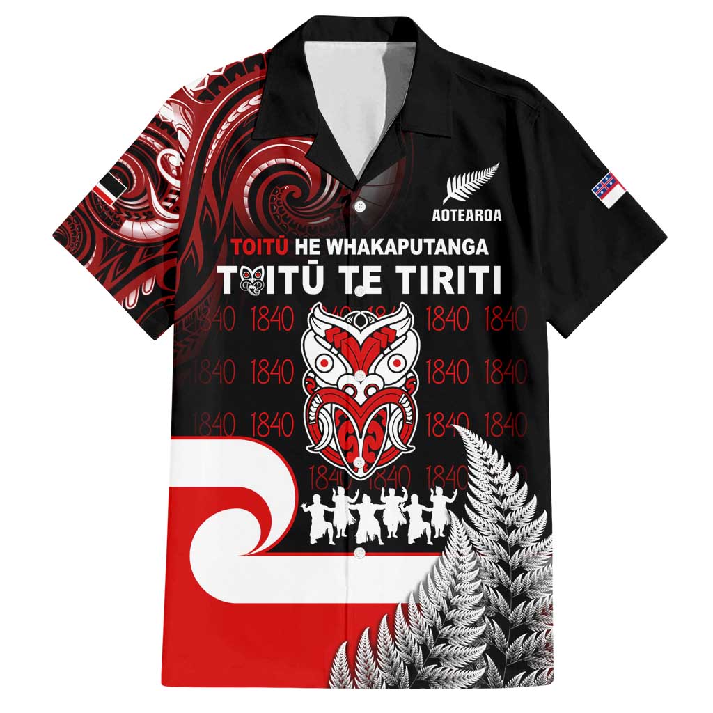 Aotearoa Toitu He Whakaputanga Family Matching Puletasi and Hawaiian Shirt Toitu Te Tiriti O Waitangi LT05 Dad's Shirt - Short Sleeve Black - Polynesian Pride