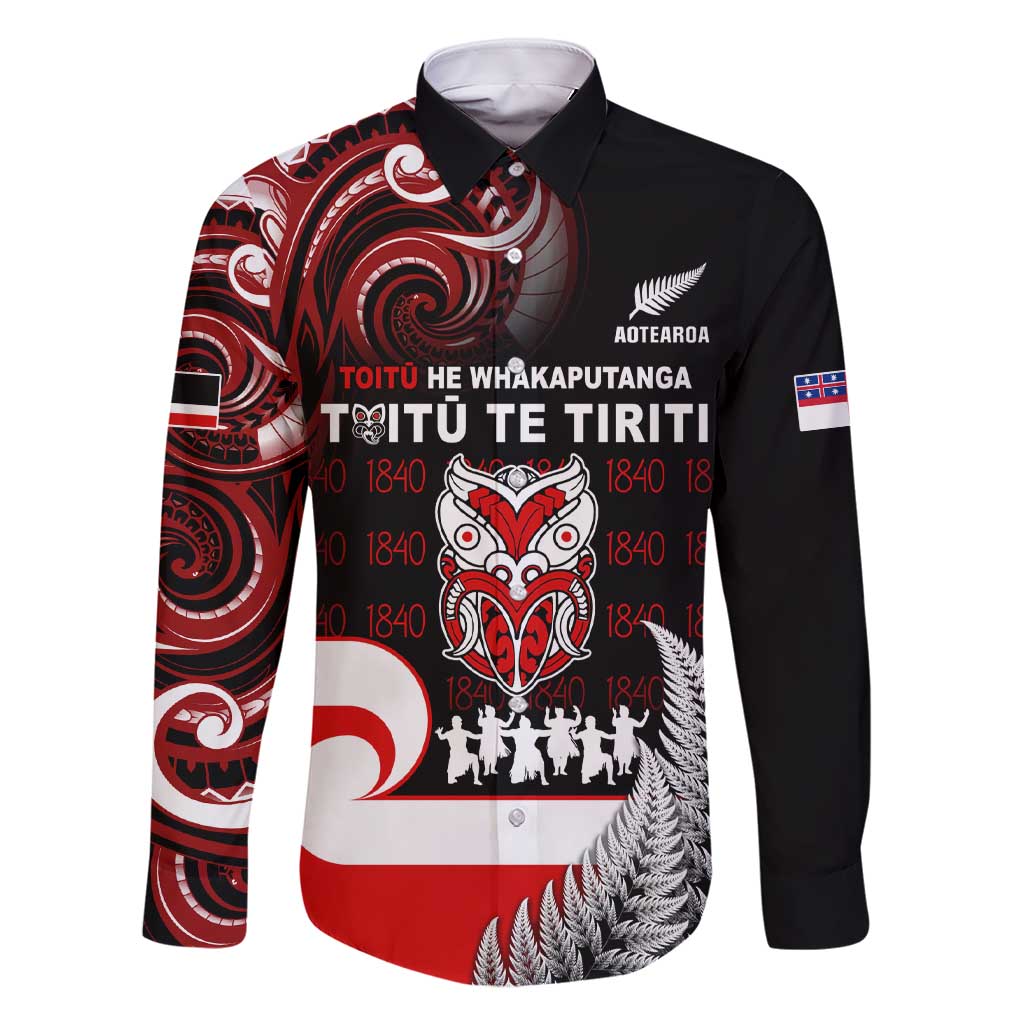 Aotearoa Toitu He Whakaputanga Family Matching Short Sleeve Bodycon Dress and Hawaiian Shirt Toitu Te Tiriti O Waitangi LT05 Dad's Shirt - Long Sleeve Black - Polynesian Pride