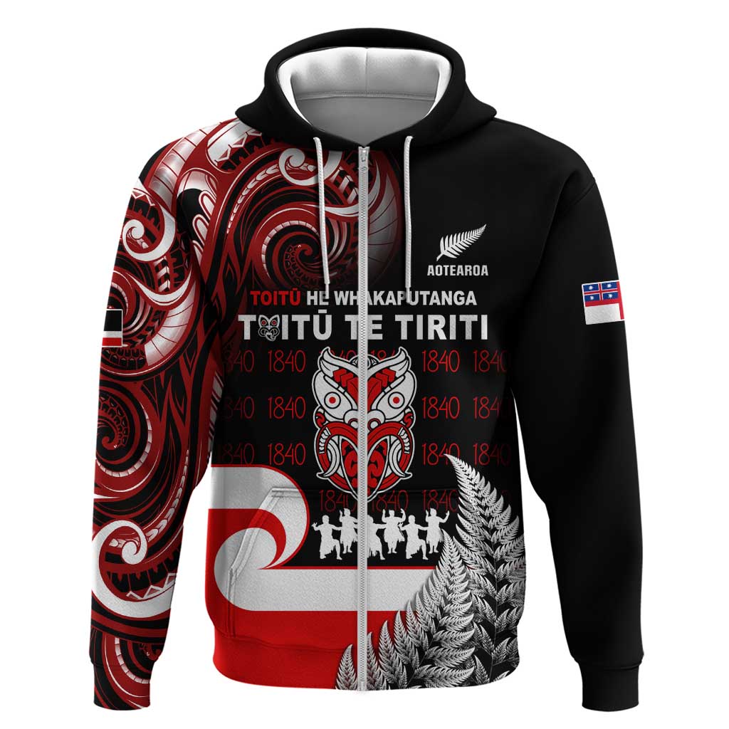 Aotearoa Toitu He Whakaputanga Hoodie Toitu Te Tiriti O Waitangi LT05 Zip Hoodie Black - Polynesian Pride