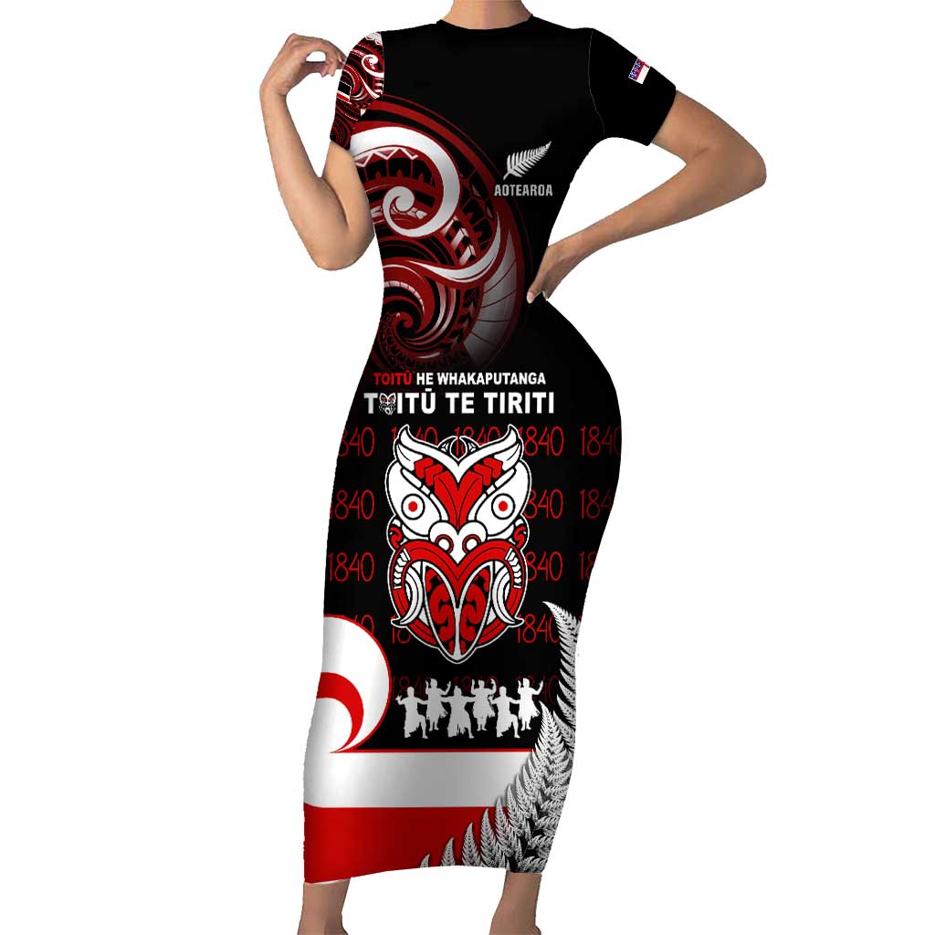 Aotearoa Toitu He Whakaputanga Short Sleeve Bodycon Dress Toitu Te Tiriti O Waitangi LT05 Long Dress Black - Polynesian Pride