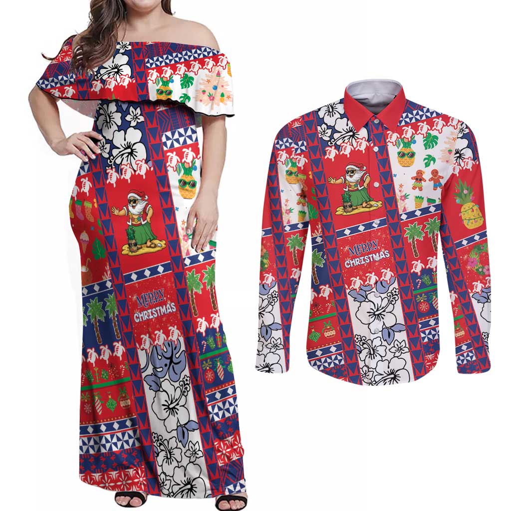 Wallis And Futuna Christmas Couples Matching Off Shoulder Maxi Dress and Long Sleeve Button Shirt Festive Beach Vibes LT05 Red - Polynesian Pride
