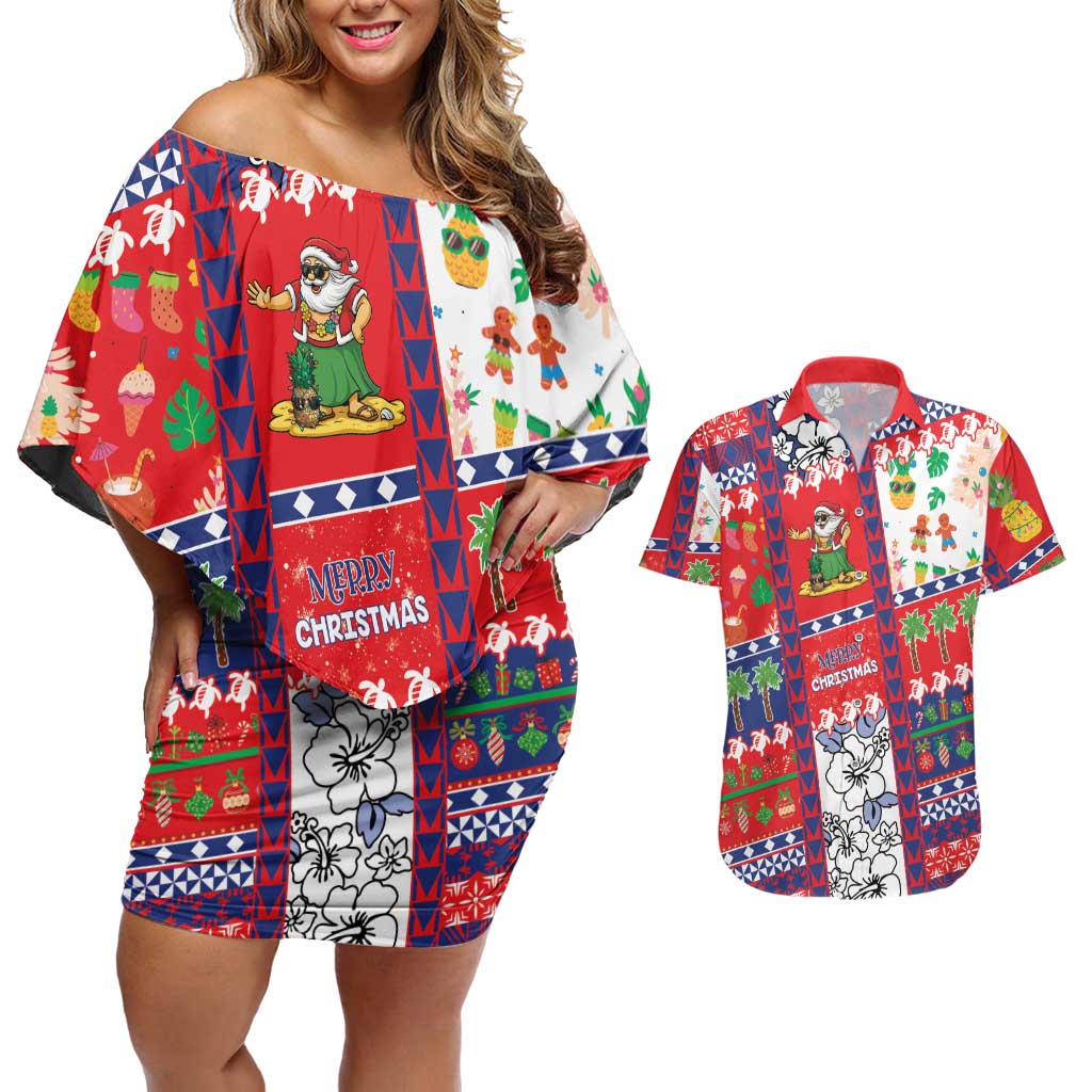 Wallis And Futuna Christmas Couples Matching Off Shoulder Short Dress and Hawaiian Shirt Festive Beach Vibes LT05 Red - Polynesian Pride