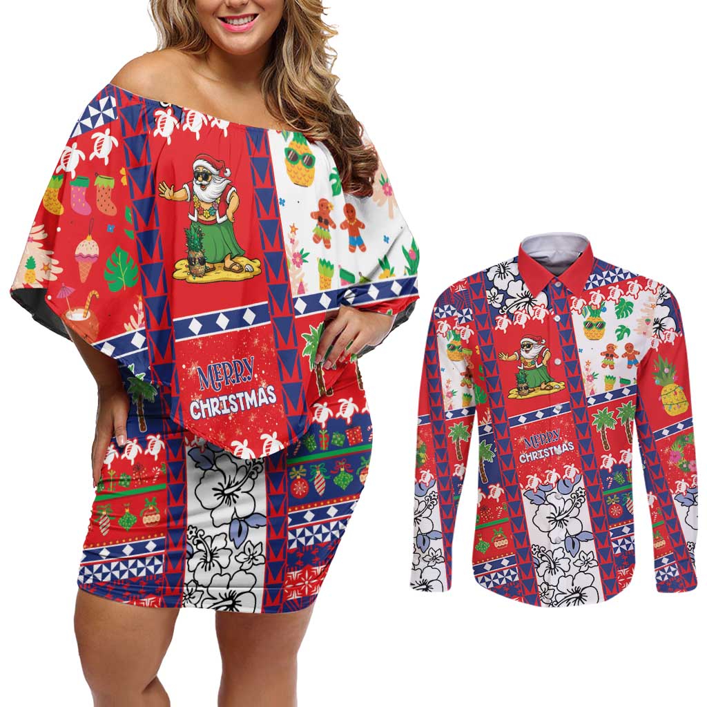 Wallis And Futuna Christmas Couples Matching Off Shoulder Short Dress and Long Sleeve Button Shirt Festive Beach Vibes LT05 Red - Polynesian Pride