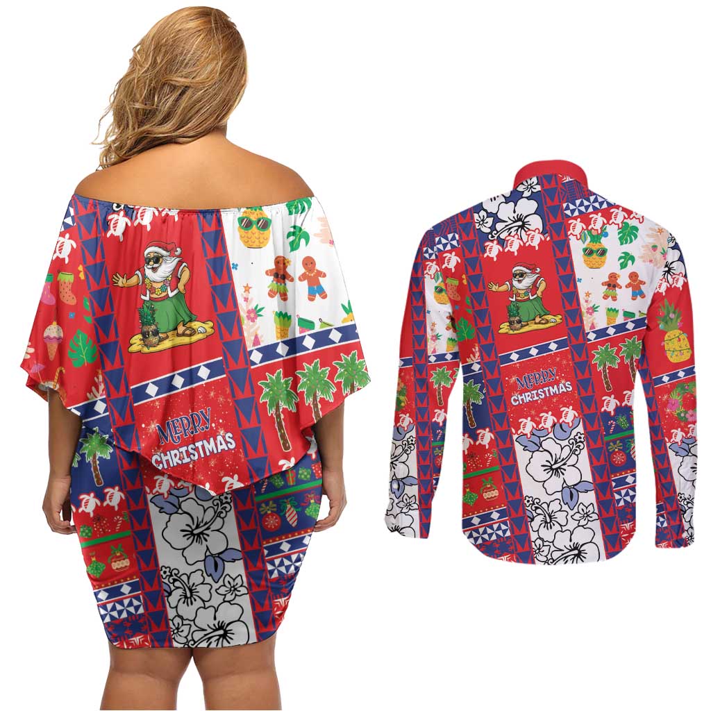 Wallis And Futuna Christmas Couples Matching Off Shoulder Short Dress and Long Sleeve Button Shirt Festive Beach Vibes LT05 - Polynesian Pride