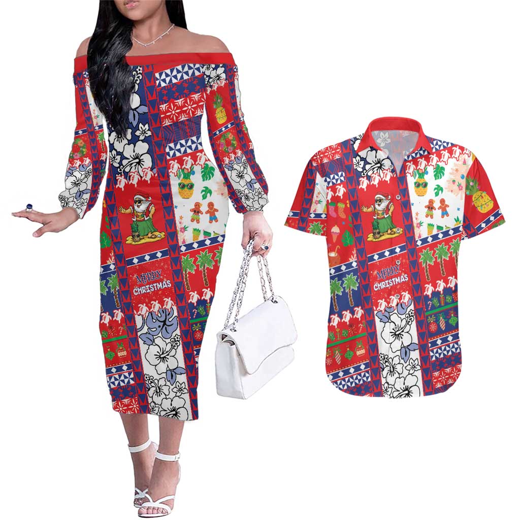 Wallis And Futuna Christmas Couples Matching Off The Shoulder Long Sleeve Dress and Hawaiian Shirt Festive Beach Vibes - Polynesian Pride