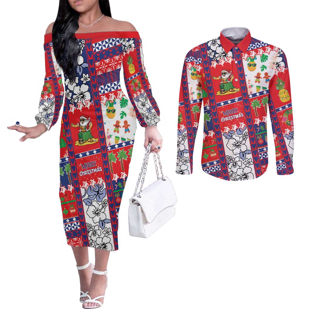 Wallis And Futuna Christmas Couples Matching Off The Shoulder Long Sleeve Dress and Long Sleeve Button Shirt Festive Beach Vibes LT05 Red - Polynesian Pride