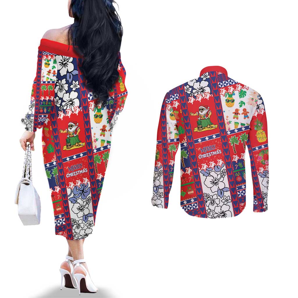 Wallis And Futuna Christmas Couples Matching Off The Shoulder Long Sleeve Dress and Long Sleeve Button Shirt Festive Beach Vibes LT05 - Polynesian Pride