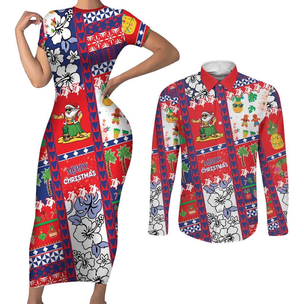 Wallis And Futuna Christmas Couples Matching Short Sleeve Bodycon Dress and Long Sleeve Button Shirt Festive Beach Vibes LT05 Red - Polynesian Pride