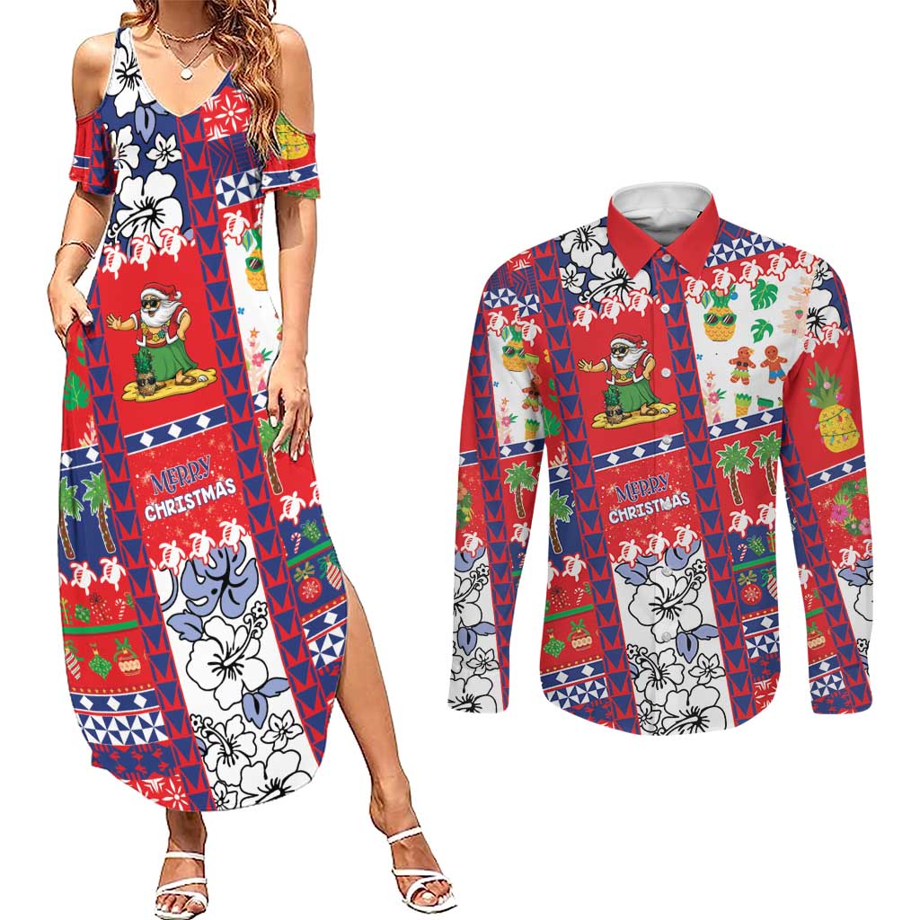 Wallis And Futuna Christmas Couples Matching Summer Maxi Dress and Long Sleeve Button Shirt Festive Beach Vibes LT05 Red - Polynesian Pride