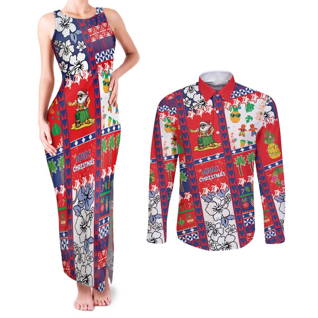 Wallis And Futuna Christmas Couples Matching Tank Maxi Dress and Long Sleeve Button Shirt Festive Beach Vibes LT05 Red - Polynesian Pride