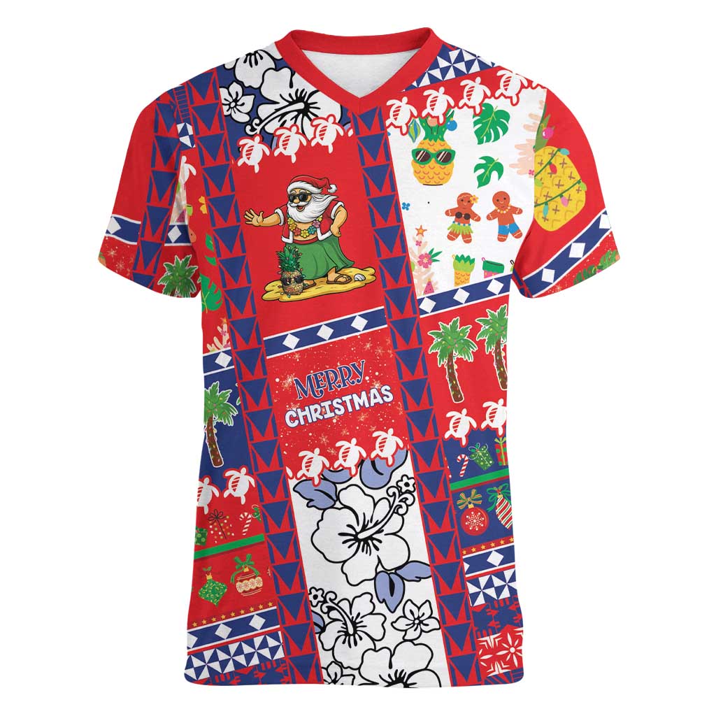 Wallis And Futuna Christmas Women V-Neck T-Shirt Festive Beach Vibes LT05 Female Red - Polynesian Pride