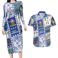 Northern Mariana Islands Christmas Couples Matching Long Sleeve Bodycon Dress and Hawaiian Shirt Festive Beach Vibes LT05 Blue - Polynesian Pride