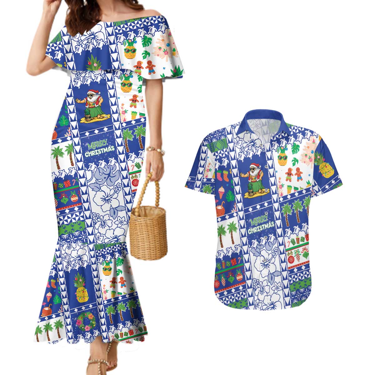 Northern Mariana Islands Christmas Couples Matching Mermaid Dress and Hawaiian Shirt Festive Beach Vibes LT05 Blue - Polynesian Pride