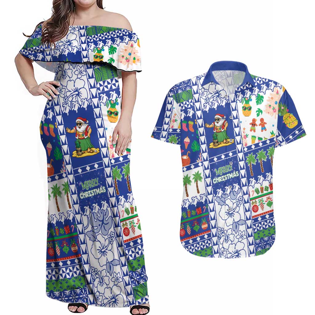 Northern Mariana Islands Christmas Couples Matching Off Shoulder Maxi Dress and Hawaiian Shirt Festive Beach Vibes LT05 Blue - Polynesian Pride
