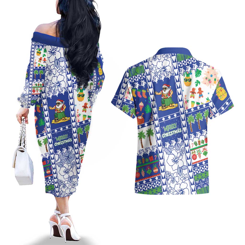 Northern Mariana Islands Christmas Couples Matching Off The Shoulder Long Sleeve Dress and Hawaiian Shirt Festive Beach Vibes LT05 - Polynesian Pride
