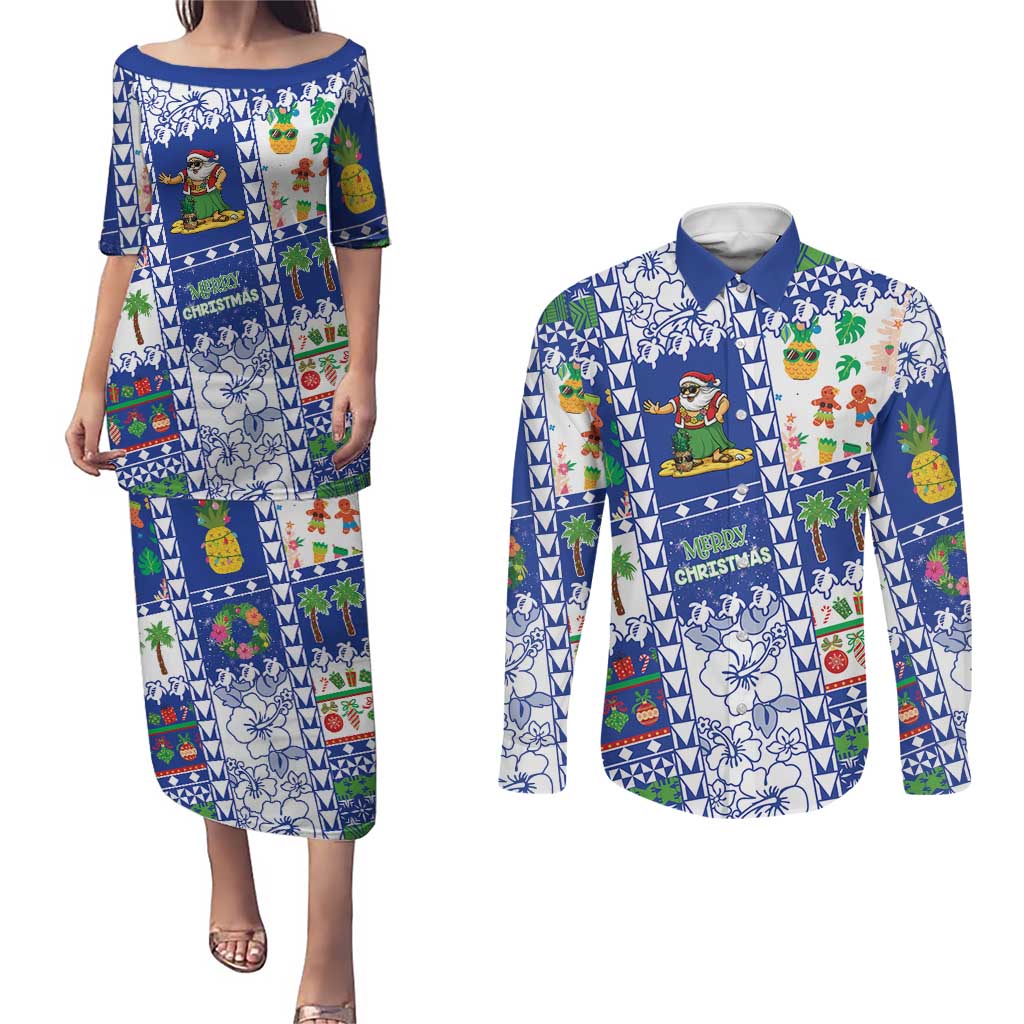 Northern Mariana Islands Christmas Couples Matching Puletasi and Long Sleeve Button Shirt Festive Beach Vibes - Polynesian Pride