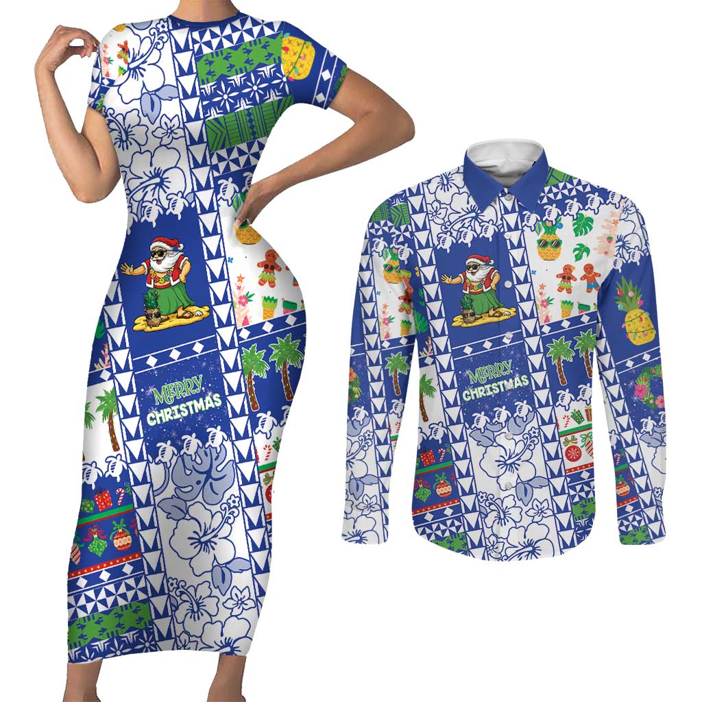Northern Mariana Islands Christmas Couples Matching Short Sleeve Bodycon Dress and Long Sleeve Button Shirt Festive Beach Vibes LT05 Blue - Polynesian Pride