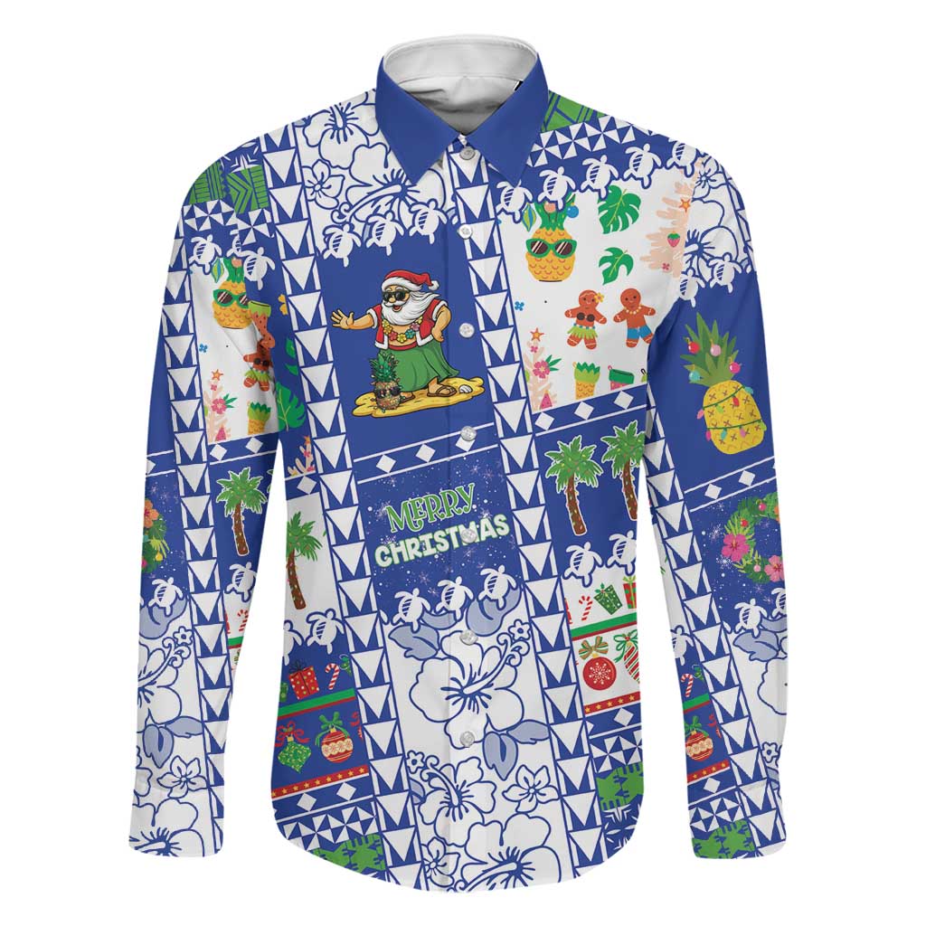 Northern Mariana Islands Christmas Family Matching Long Sleeve Bodycon Dress and Hawaiian Shirt Festive Beach Vibes LT05 Dad's Shirt - Long Sleeve Blue - Polynesian Pride
