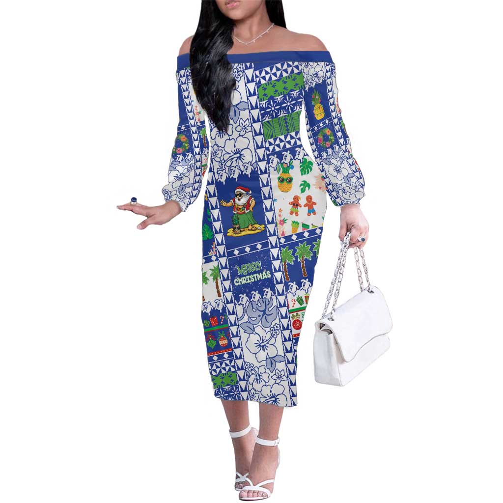 Northern Mariana Islands Christmas Family Matching Off The Shoulder Long Sleeve Dress and Hawaiian Shirt Festive Beach Vibes LT05 Mom's Dress Blue - Polynesian Pride
