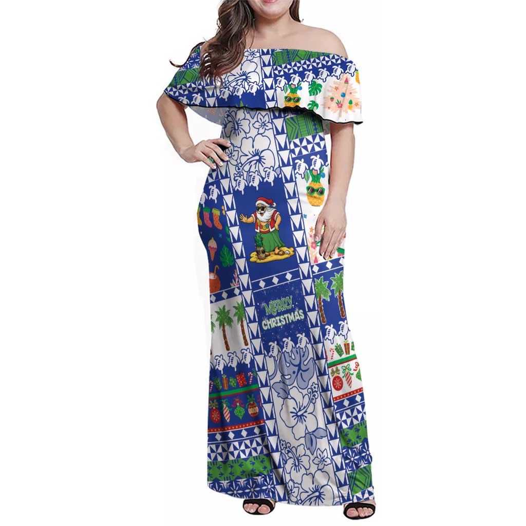 Northern Mariana Islands Christmas Family Matching Off Shoulder Maxi Dress and Hawaiian Shirt Festive Beach Vibes LT05 Mom's Dress Blue - Polynesian Pride
