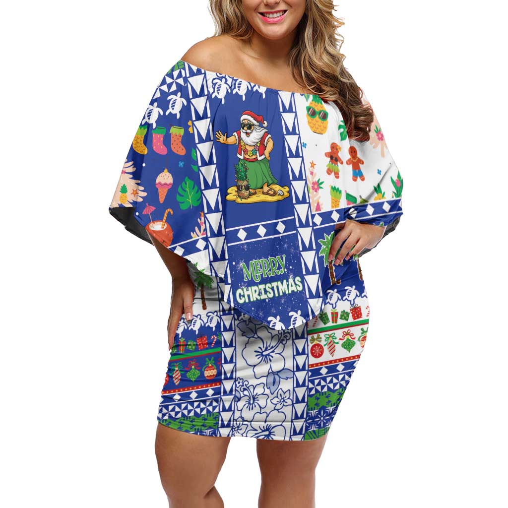 Northern Mariana Islands Christmas Family Matching Off Shoulder Short Dress and Hawaiian Shirt Festive Beach Vibes LT05 Mom's Dress Blue - Polynesian Pride