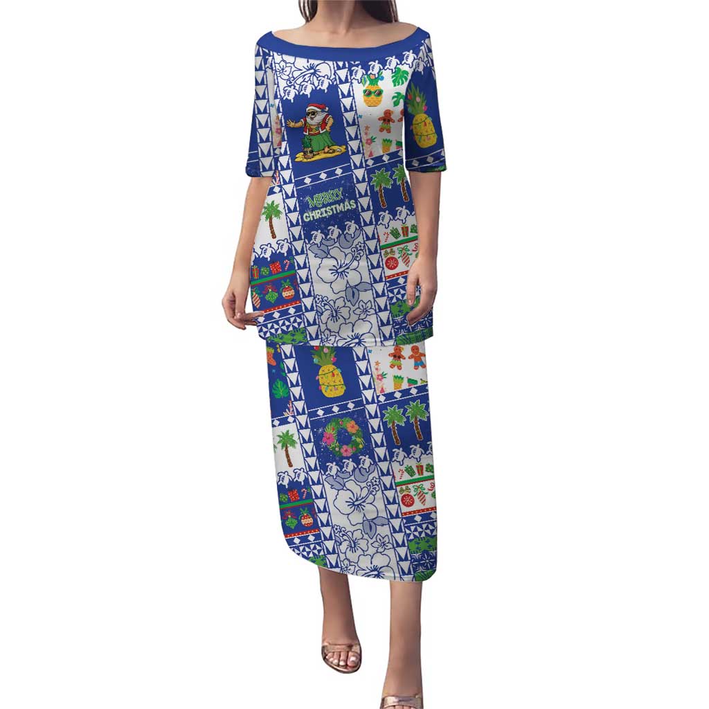 Northern Mariana Islands Christmas Family Matching Puletasi and Hawaiian Shirt Festive Beach Vibes LT05 Mom's Dress Blue - Polynesian Pride