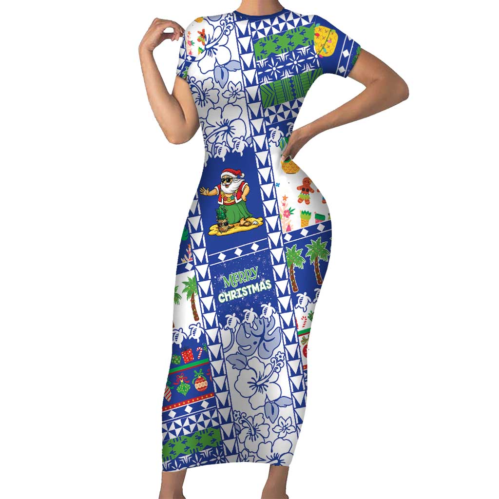 Northern Mariana Islands Christmas Family Matching Short Sleeve Bodycon Dress and Hawaiian Shirt Festive Beach Vibes LT05 Mom's Dress Blue - Polynesian Pride