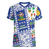 Northern Mariana Islands Christmas Women V-Neck T-Shirt Festive Beach Vibes LT05 Female Blue - Polynesian Pride