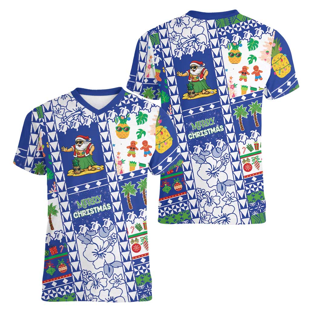 Northern Mariana Islands Christmas Women V-Neck T-Shirt Festive Beach Vibes LT05 - Polynesian Pride