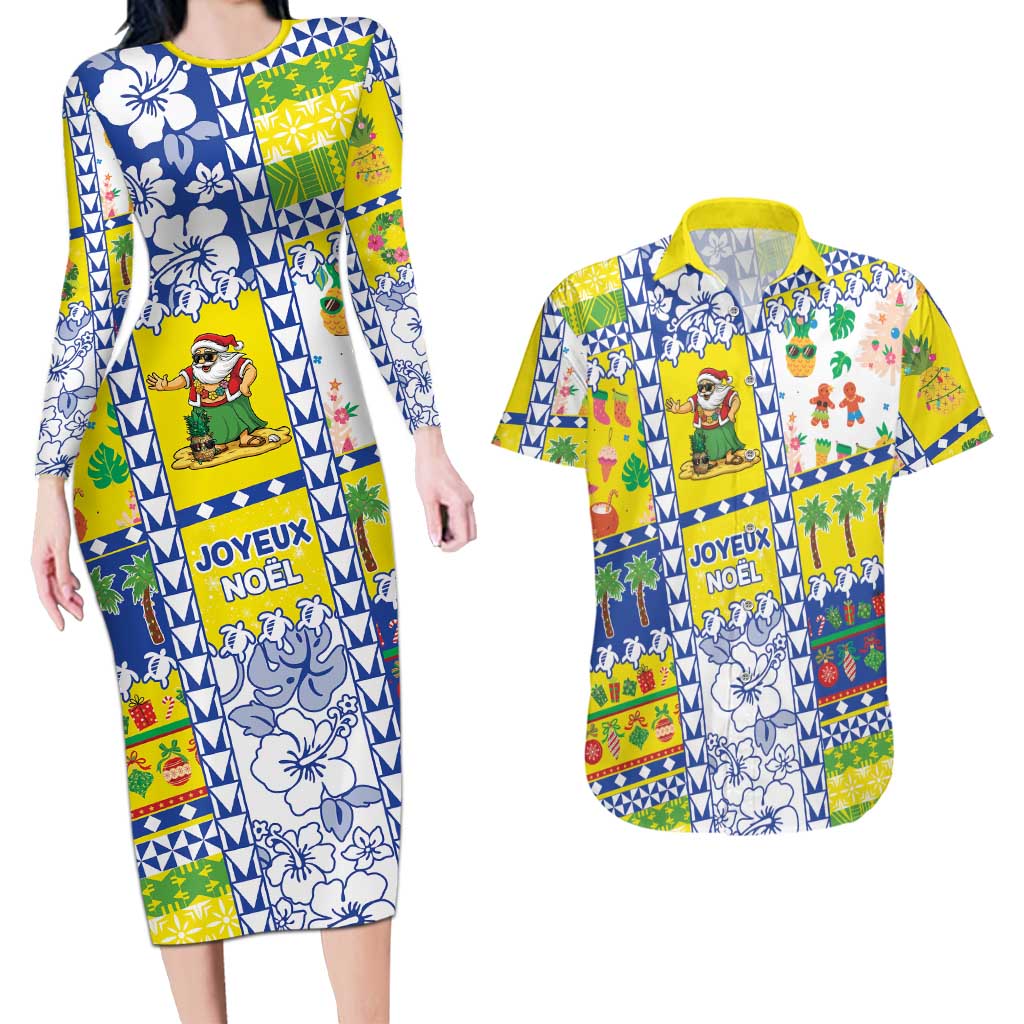 New Caledonia Christmas Couples Matching Long Sleeve Bodycon Dress and Hawaiian Shirt Festive Beach Vibes LT05 Yellow - Polynesian Pride
