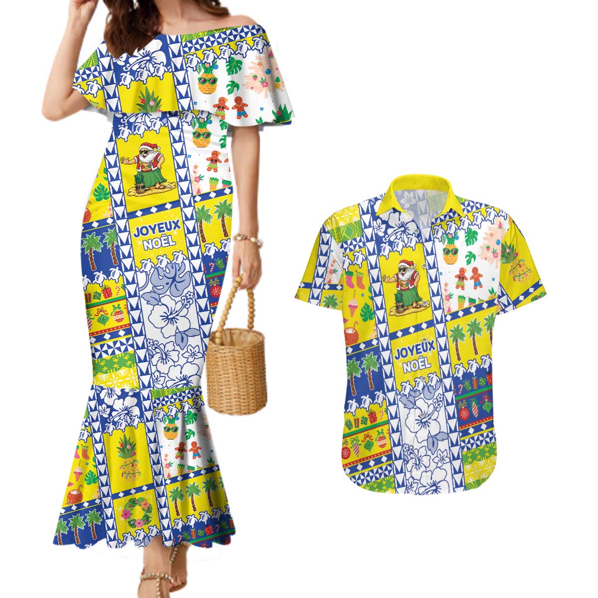 New Caledonia Christmas Couples Matching Mermaid Dress and Hawaiian Shirt Festive Beach Vibes LT05 Yellow - Polynesian Pride