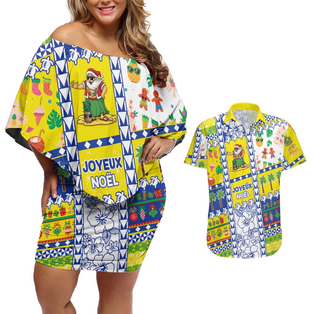 New Caledonia Christmas Couples Matching Off Shoulder Short Dress and Hawaiian Shirt Festive Beach Vibes LT05 Yellow - Polynesian Pride