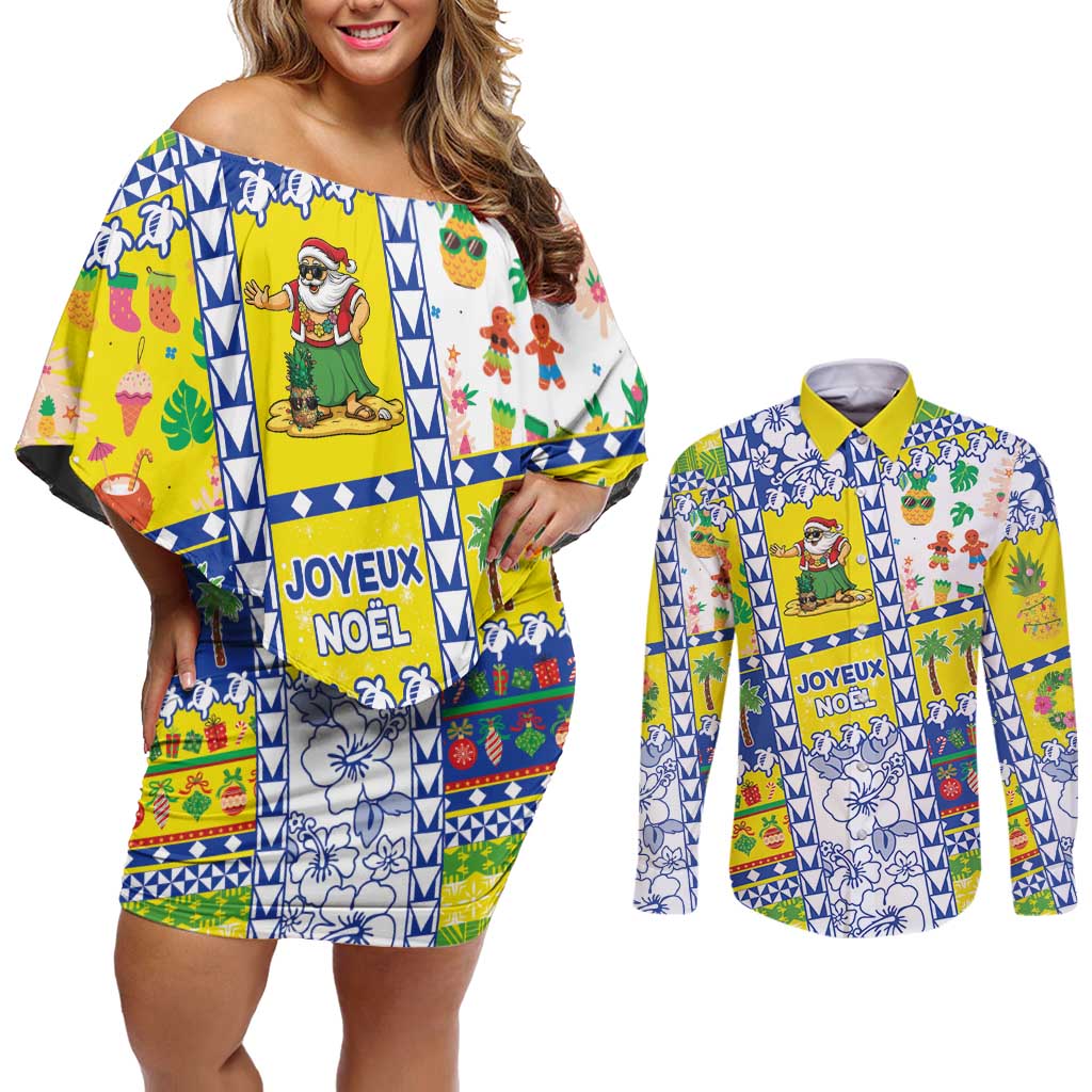 New Caledonia Christmas Couples Matching Off Shoulder Short Dress and Long Sleeve Button Shirt Festive Beach Vibes LT05 Yellow - Polynesian Pride