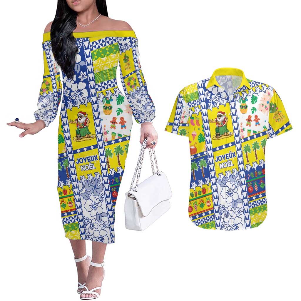 New Caledonia Christmas Couples Matching Off The Shoulder Long Sleeve Dress and Hawaiian Shirt Festive Beach Vibes LT05 Yellow - Polynesian Pride