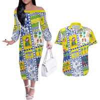 New Caledonia Christmas Couples Matching Off The Shoulder Long Sleeve Dress and Hawaiian Shirt Festive Beach Vibes LT05 Yellow - Polynesian Pride