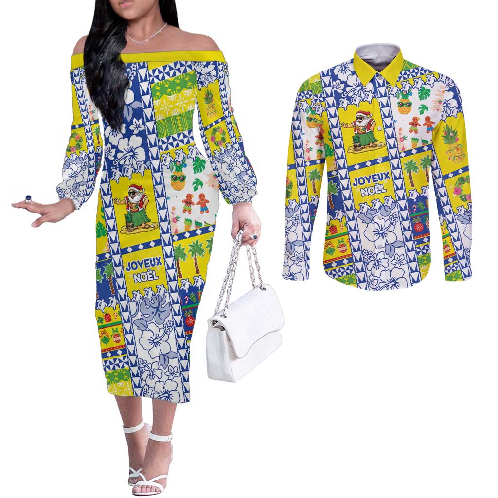 New Caledonia Christmas Couples Matching Off The Shoulder Long Sleeve Dress and Long Sleeve Button Shirt Festive Beach Vibes LT05 Yellow - Polynesian Pride