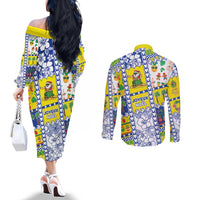 New Caledonia Christmas Couples Matching Off The Shoulder Long Sleeve Dress and Long Sleeve Button Shirt Festive Beach Vibes LT05 - Polynesian Pride