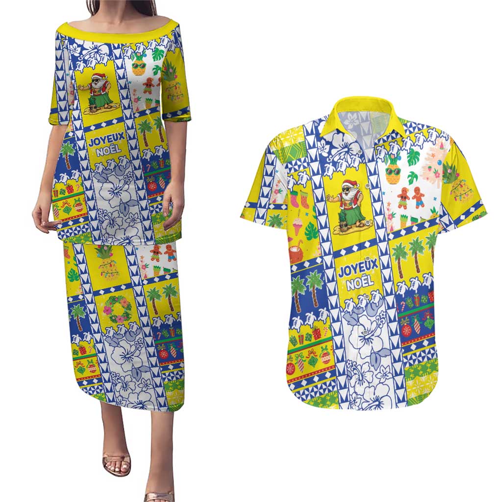 New Caledonia Christmas Couples Matching Puletasi and Hawaiian Shirt Festive Beach Vibes - Polynesian Pride