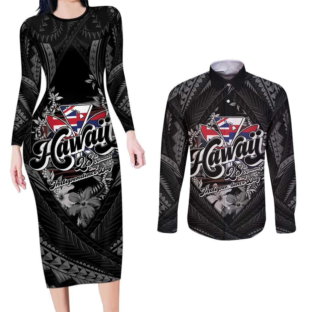 Hawaii November 28th Couples Matching Long Sleeve Bodycon Dress and Long Sleeve Button Shirt Kanaka Maoli Tribal Pattern LT05 Black - Polynesian Pride