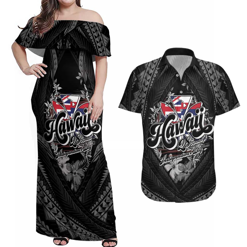 Hawaii November 28th Couples Matching Off Shoulder Maxi Dress and Hawaiian Shirt Kanaka Maoli Tribal Pattern LT05 Black - Polynesian Pride