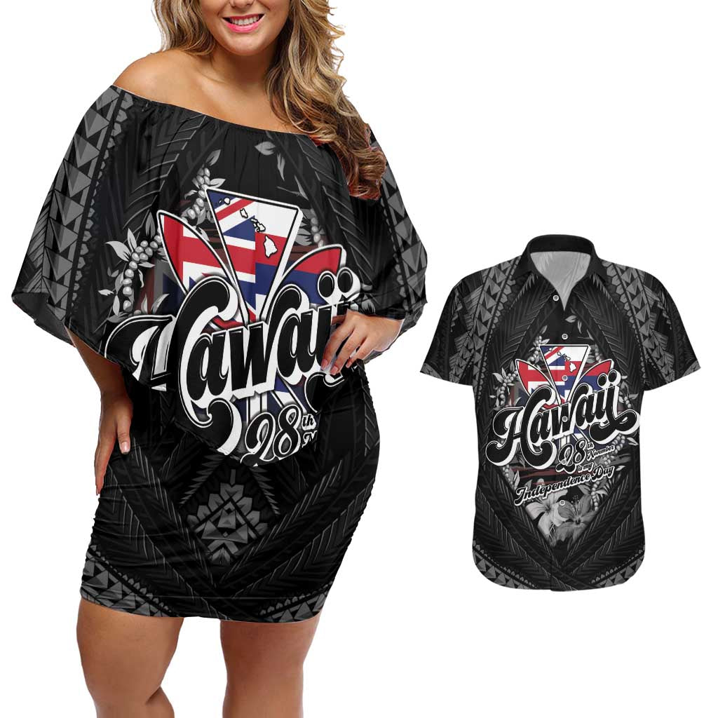 Hawaii November 28th Couples Matching Off Shoulder Short Dress and Hawaiian Shirt Kanaka Maoli Tribal Pattern LT05 Black - Polynesian Pride